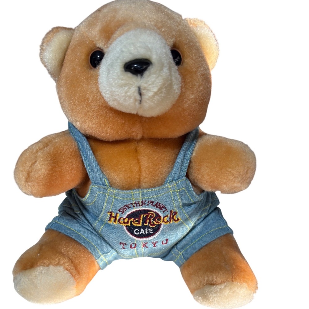 Hard Rock Cafe Tokyo Vintage Teddy Bear Plush Save the Planet Denim Overalls 8in